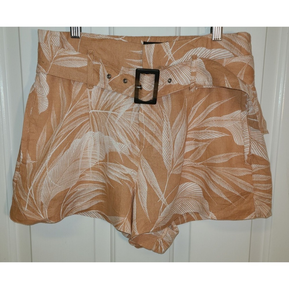 Tahari Womens Shorts M NWOT 100% Linen Palm Leaf Tropical Print Belted High Rise - Picture 2 of 9